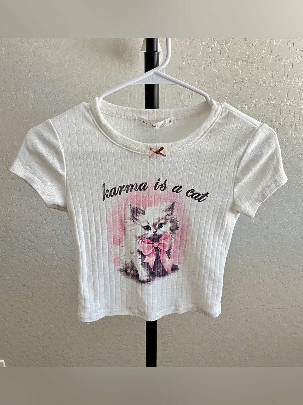 Altar'd State Karma is a Cat White Ribbed Kitten Graphic Baby Tee - Picture 4 of 7